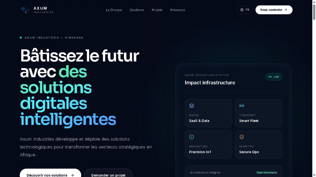 Actual capture of Axum Industries’ public technology solutions page.