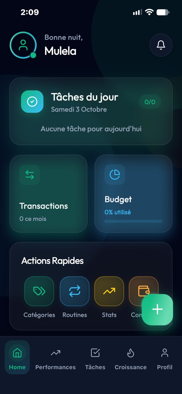Accueil : tâches du jour, transactions et budget