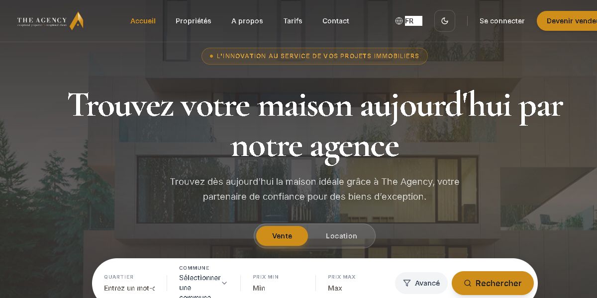 Actual capture of The Agency DRC’s public home page and property search interface.